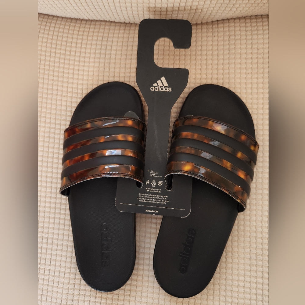 Adidas Black Slides with Tortoiseshell Straps